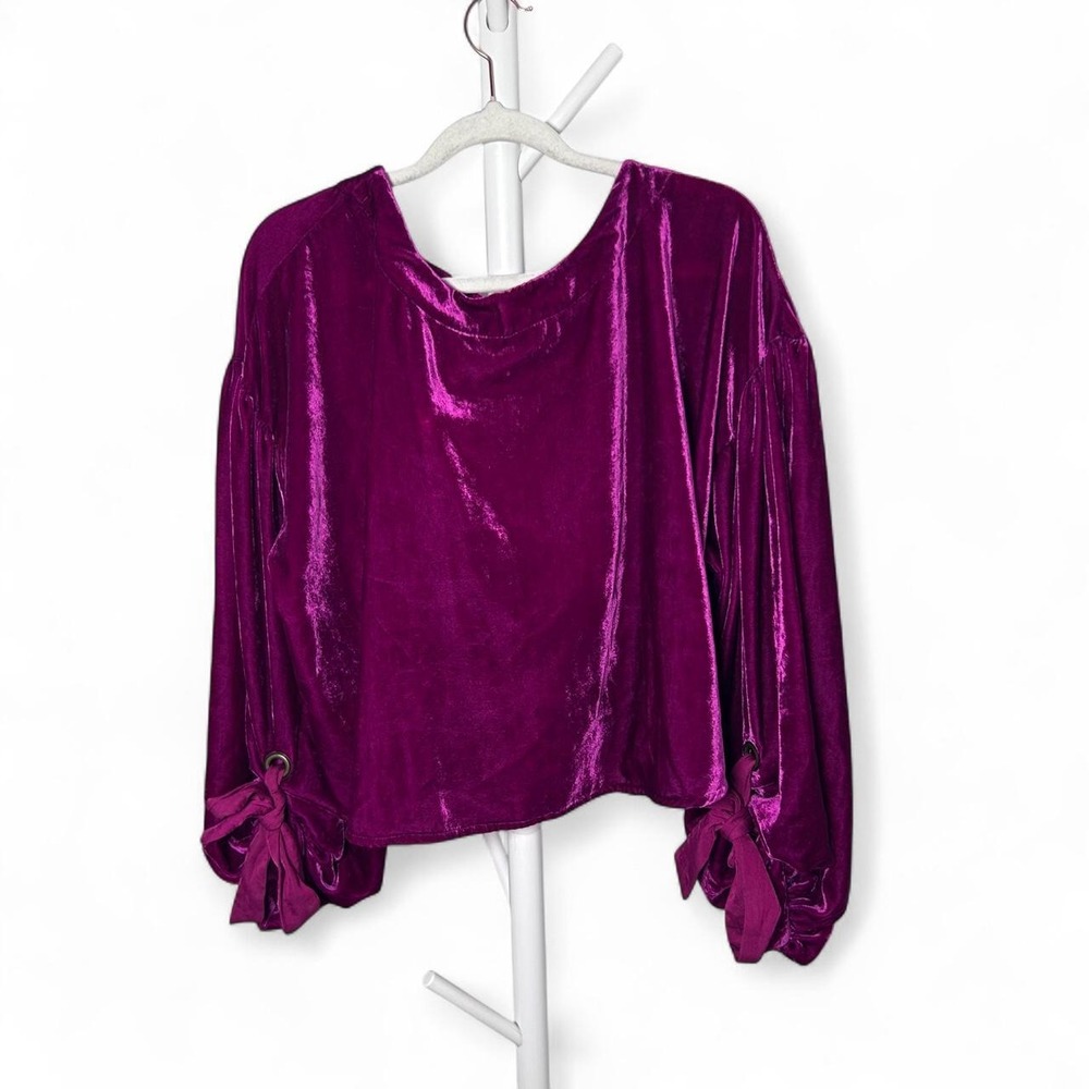 Free People Gimme Some Lovin' Velvet Blouse Magenta Tie Back SMALL Top Party
